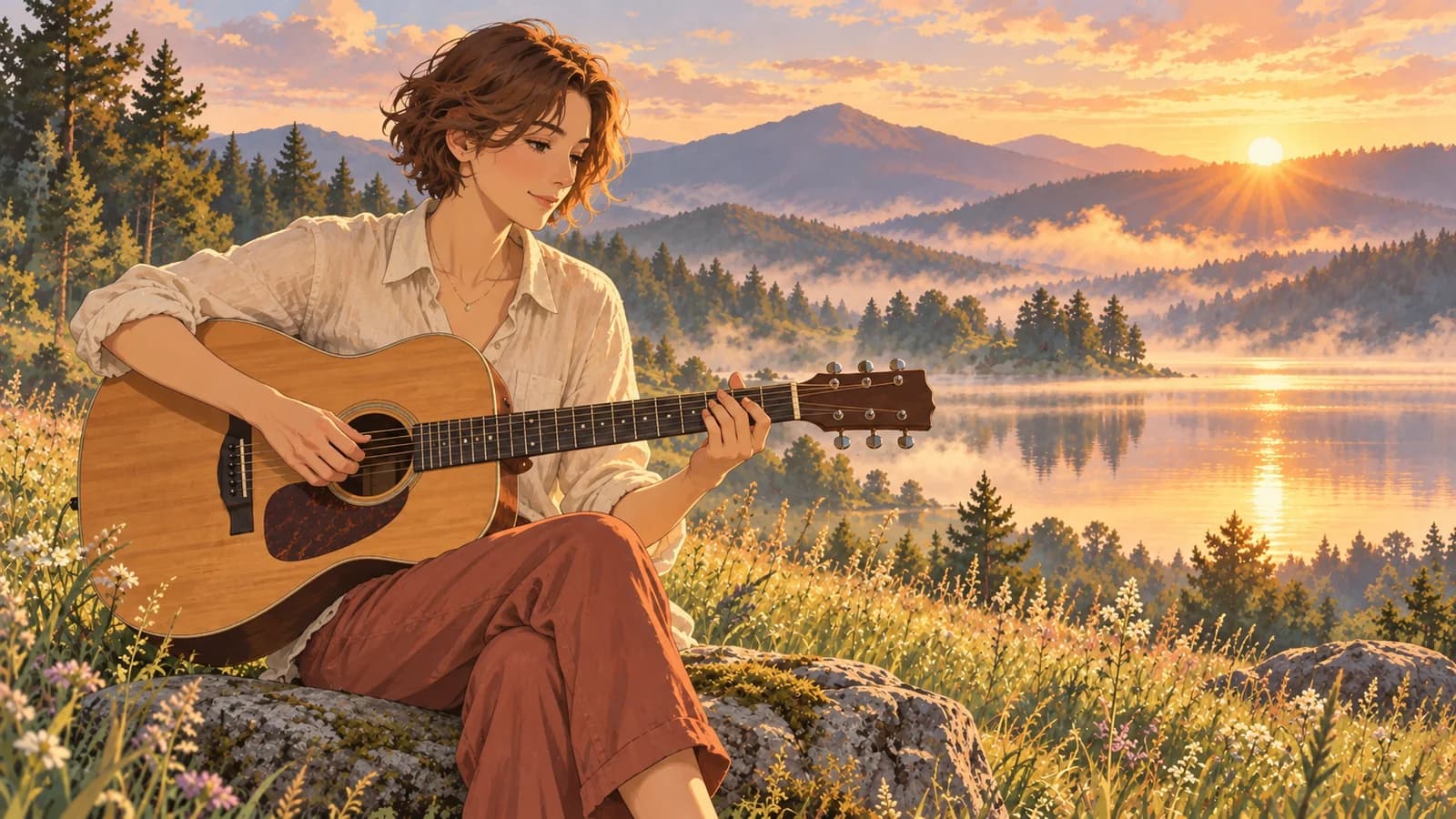 Ilustración cálida de un músico adulto con guitarra junto a un paisaje al amanecer