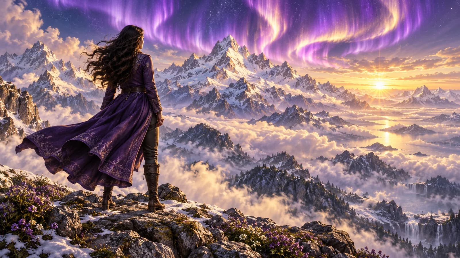 Ilustración épica de una mujer adulta frente a montañas y una aurora luminosa