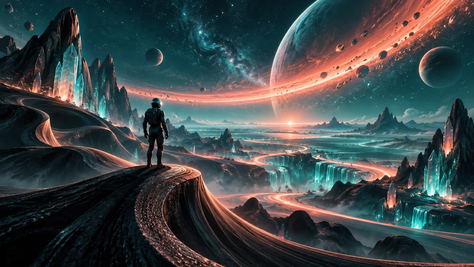 Un astronauta frente a un paisaje cósmico con un planeta enorme y luces coral y turquesa