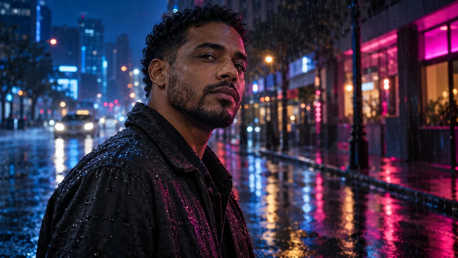 Escena cinematográfica de un artista adulto en una ciudad nocturna con luces y lluvia